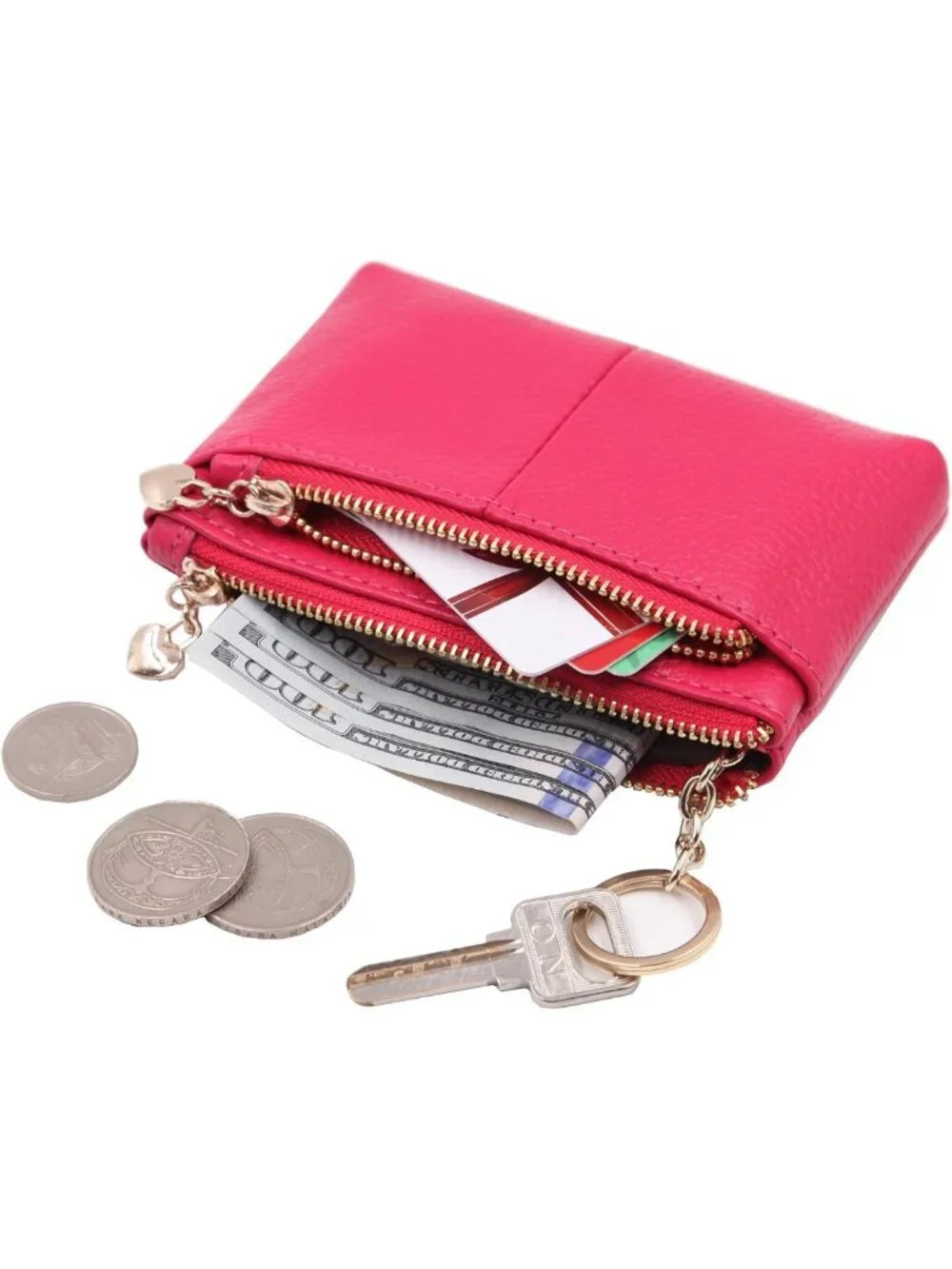 Genuine Leather Mini Coin Purse with Key Ring & Triple Zipper Card Holder Wallet